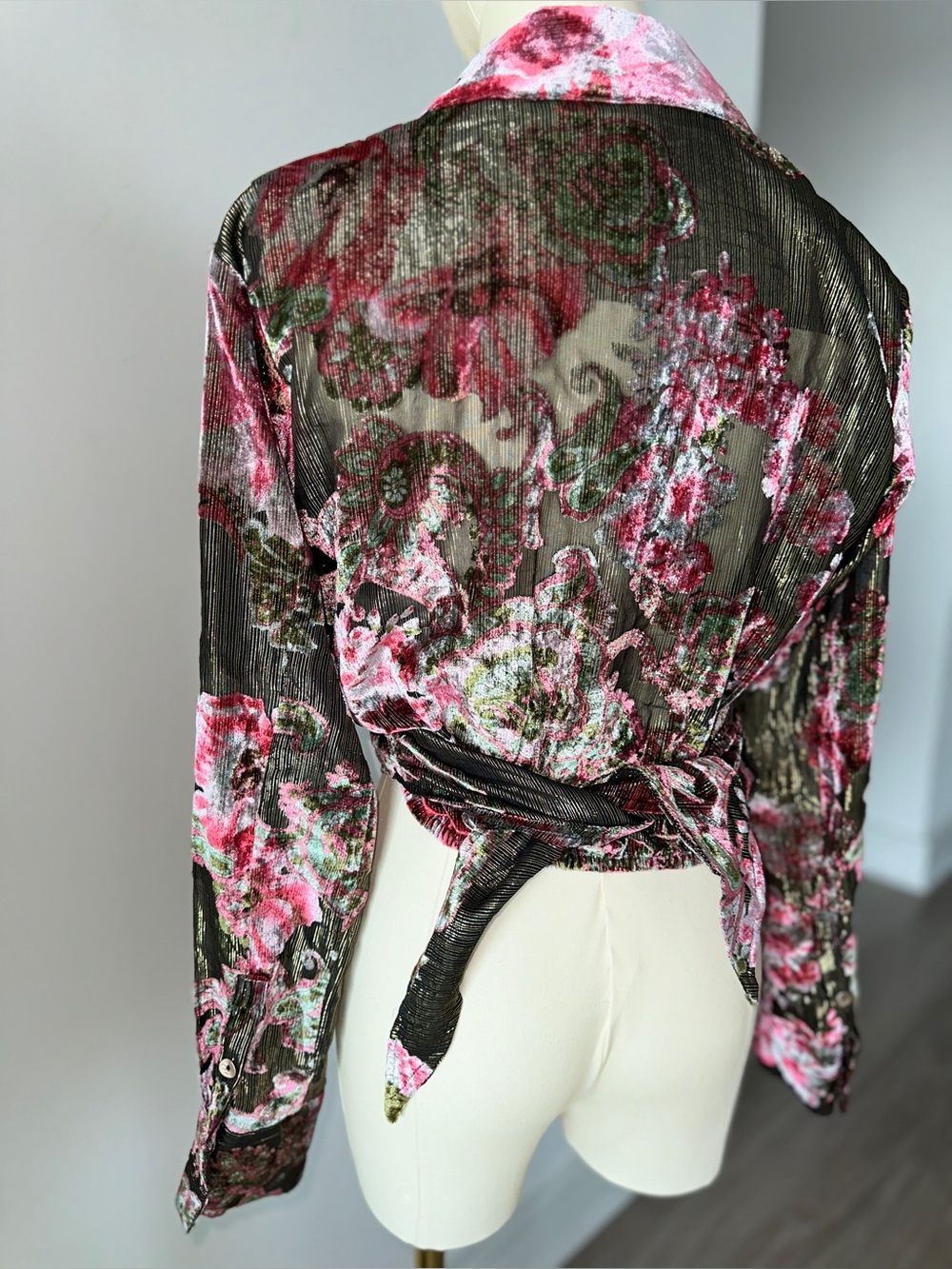 Le Superbe Velvet Floral Blouse in Olive & Pink - Picture 6 of 16